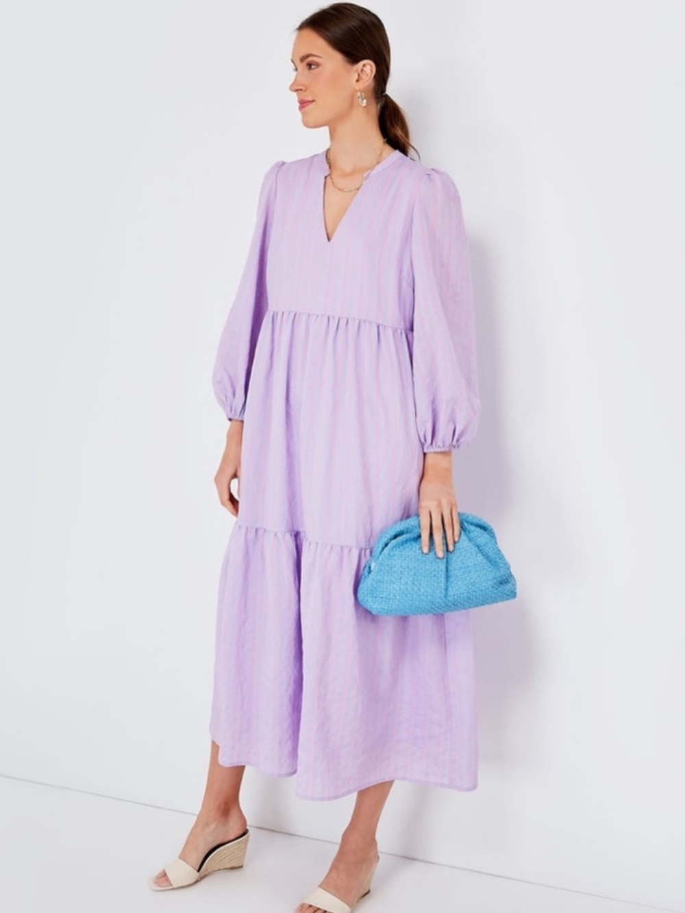Pomander Place Stripe Tiered Maxi Puff Sleeve Dress